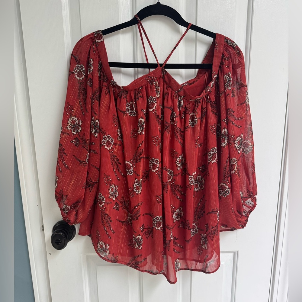 Ann Taylor red/orange Floral Off-Shoulder Peasant Top with Strappy Back